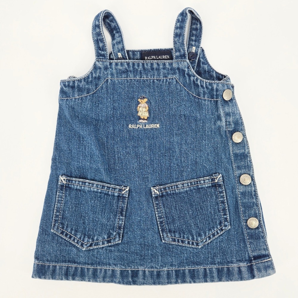 Ralph Lauren Polo Bear Denim Jumper Dress Side Snap Pockets Baby Girls 3-6M VTG